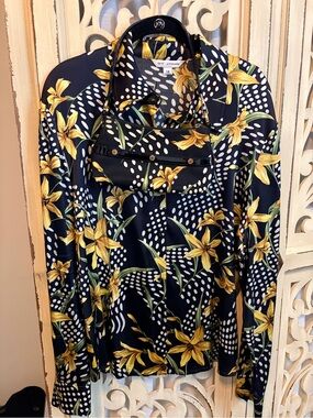 St. John Navy Blouse with Yellow Floral Print